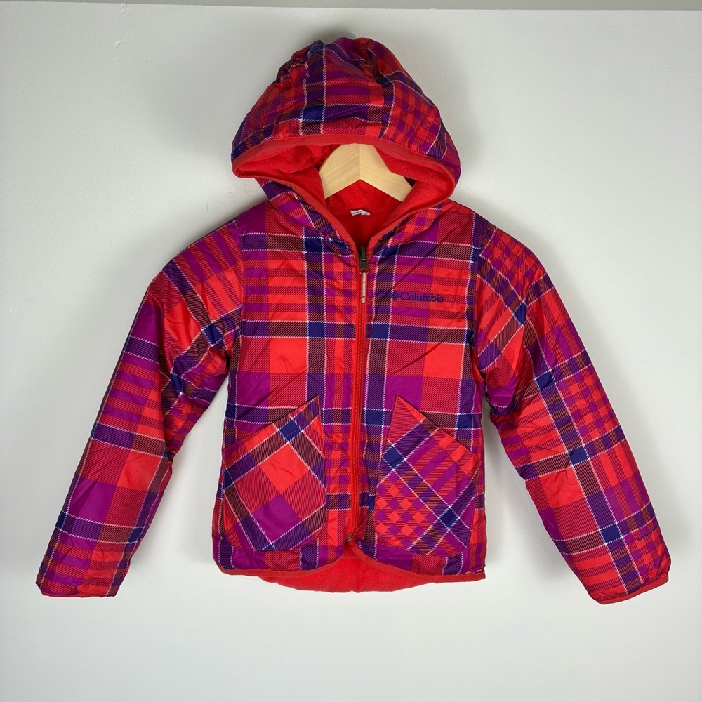 Columbia Coral and Purple reversible solid/Plaid Jacket Size 6/7 fleece lined